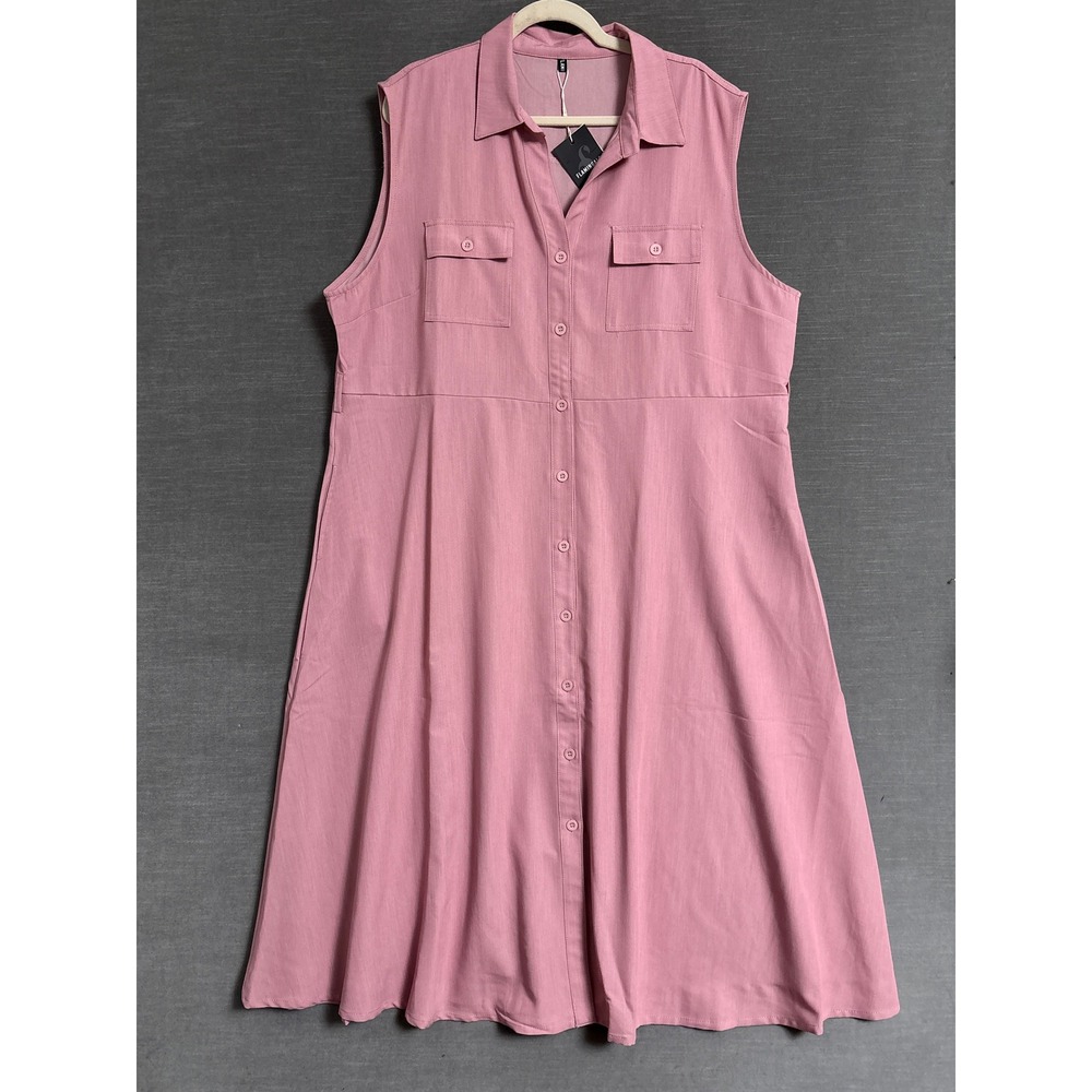 NEW Flamingals Dress 4XL Pink Cotton Sleeveless Button Down Shirtdress Midi